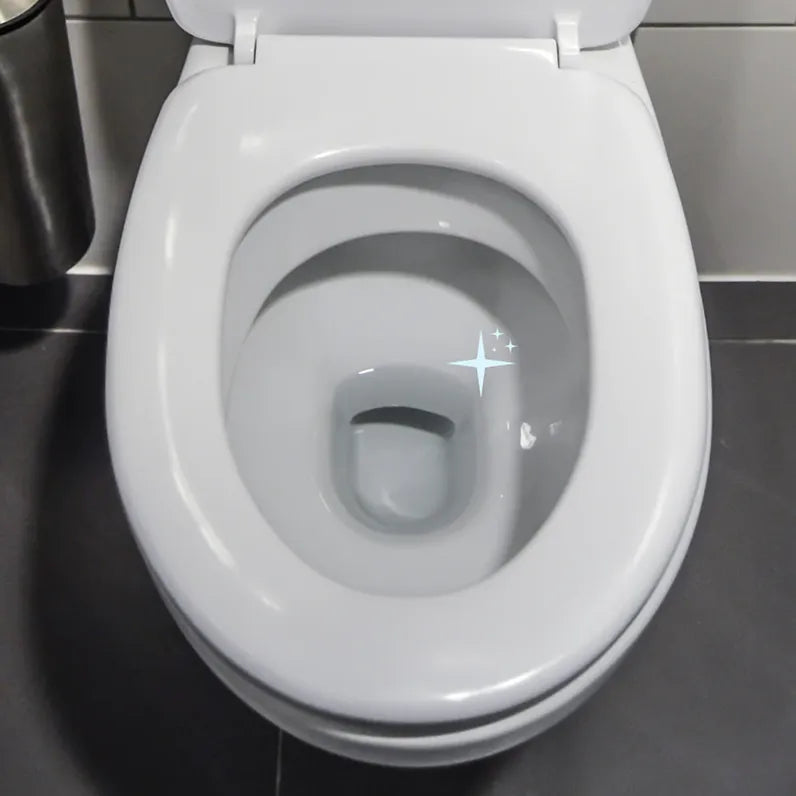 A close-up view of a sparkling clean white toilet with the seat and lid up.